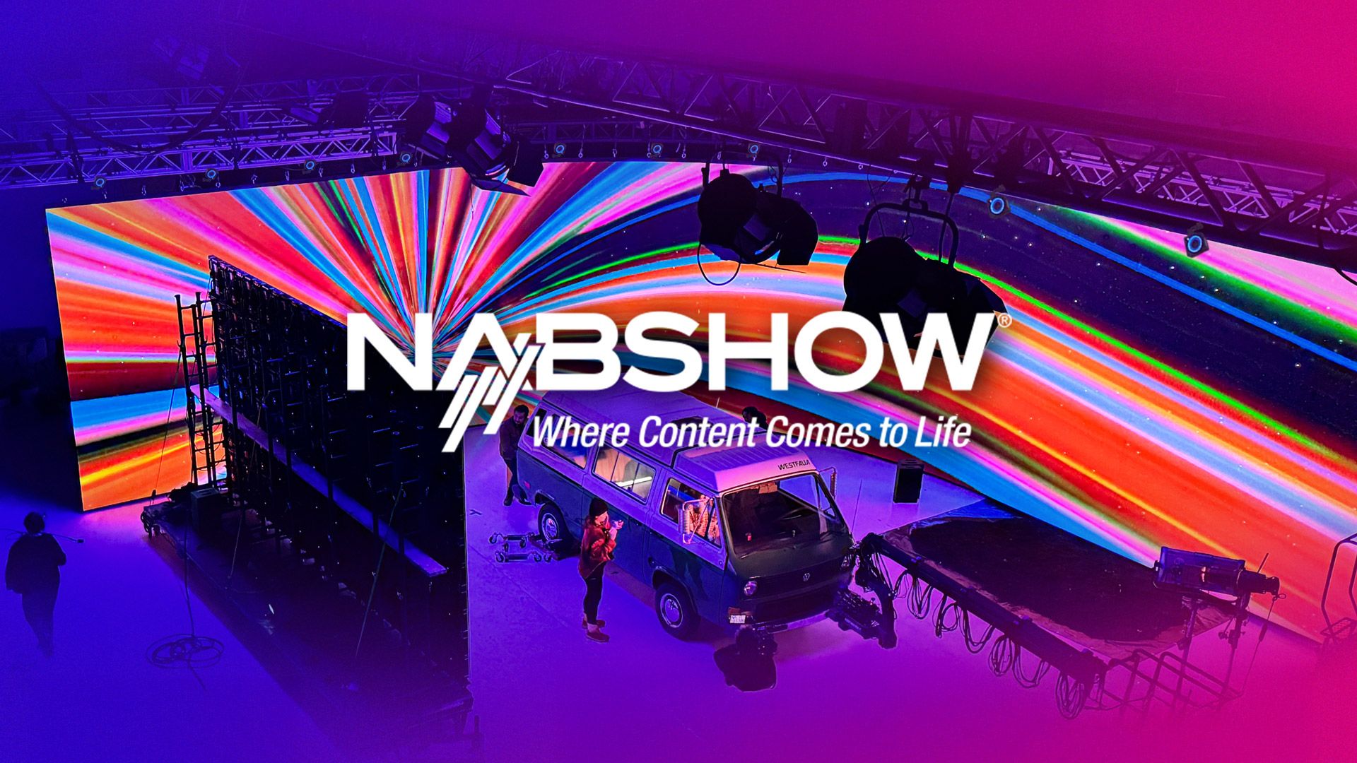 Virtual reality scene with the NABSHOW logo displayed in the foreground