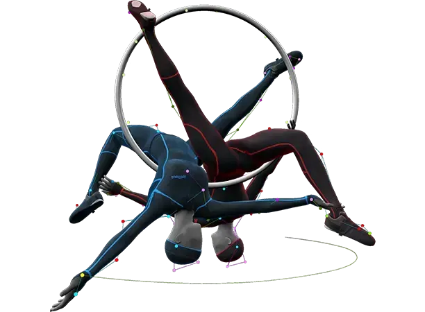 Two avatars wearing motion capture suits on a ring in a gymnastic pose.